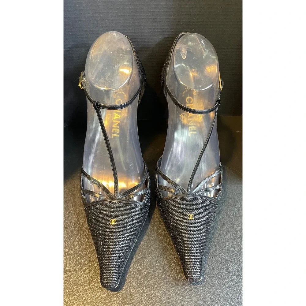 Chanel Womens EU 40 T Strap Pumps Black Woven CC Logo Pointed Toe Stiletto Heels